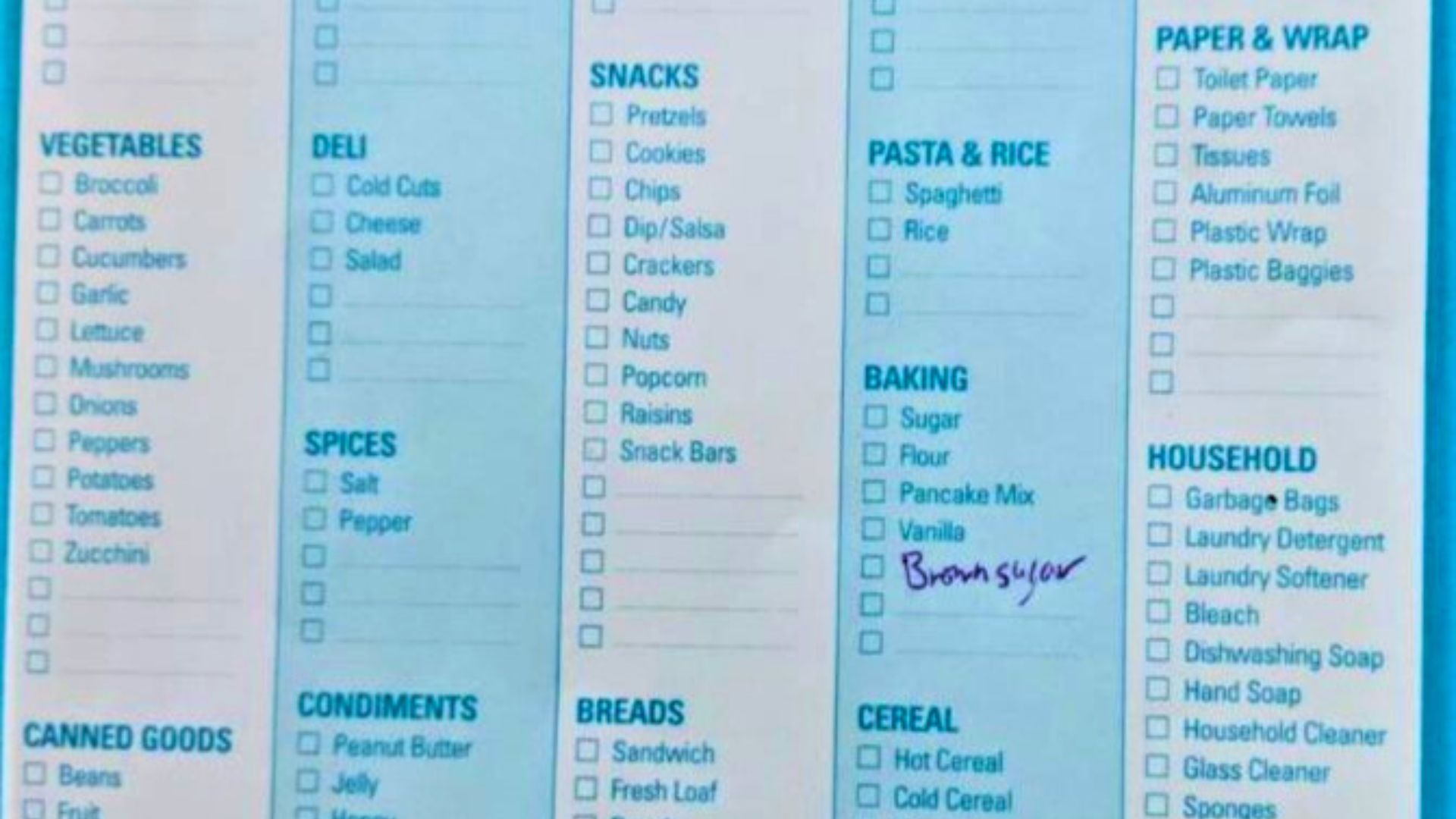 A grocery checklist with various items in different categories