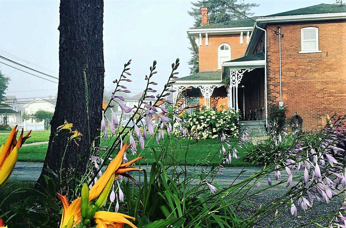 Purple and orange flowers in foreground of the back side of large red brick home