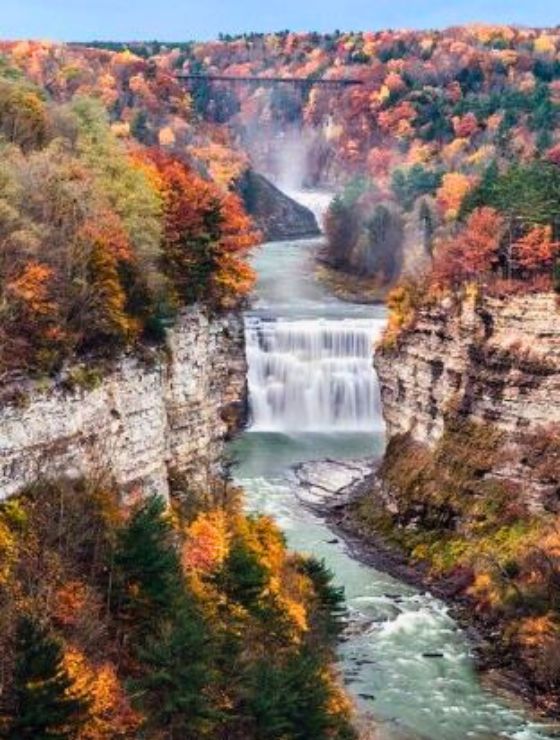 Stunning gorge with a river and waterfall, surrounded by trees in fall colors